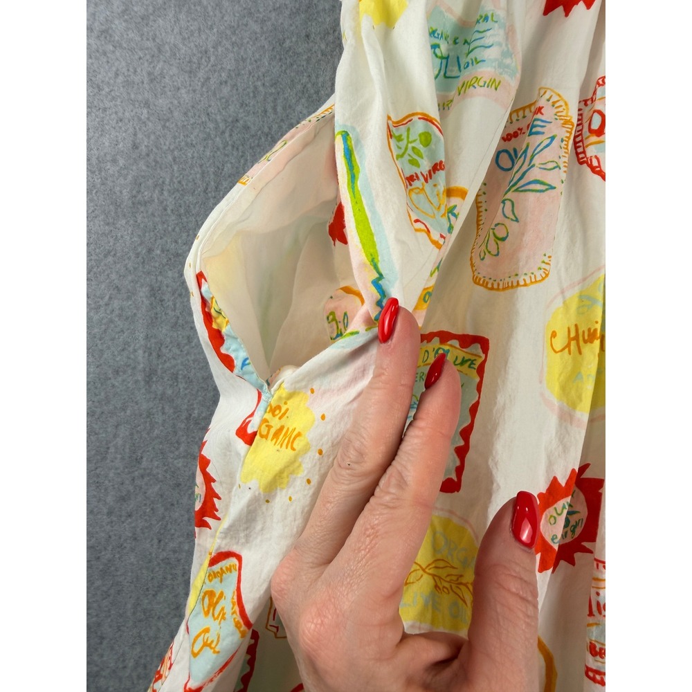 Cynthia Rowley Olive Oil Label Print Smocked Midi Dress White Large Tie Strap - Picture 11 of 11